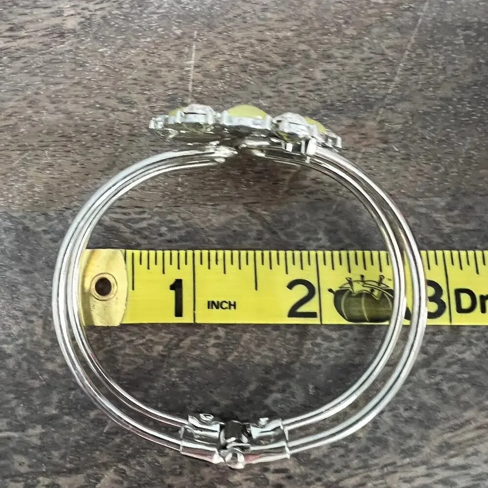 Silver and green rhinestone studded floral spring hinged cuff bracelet - Picture 7 of 7